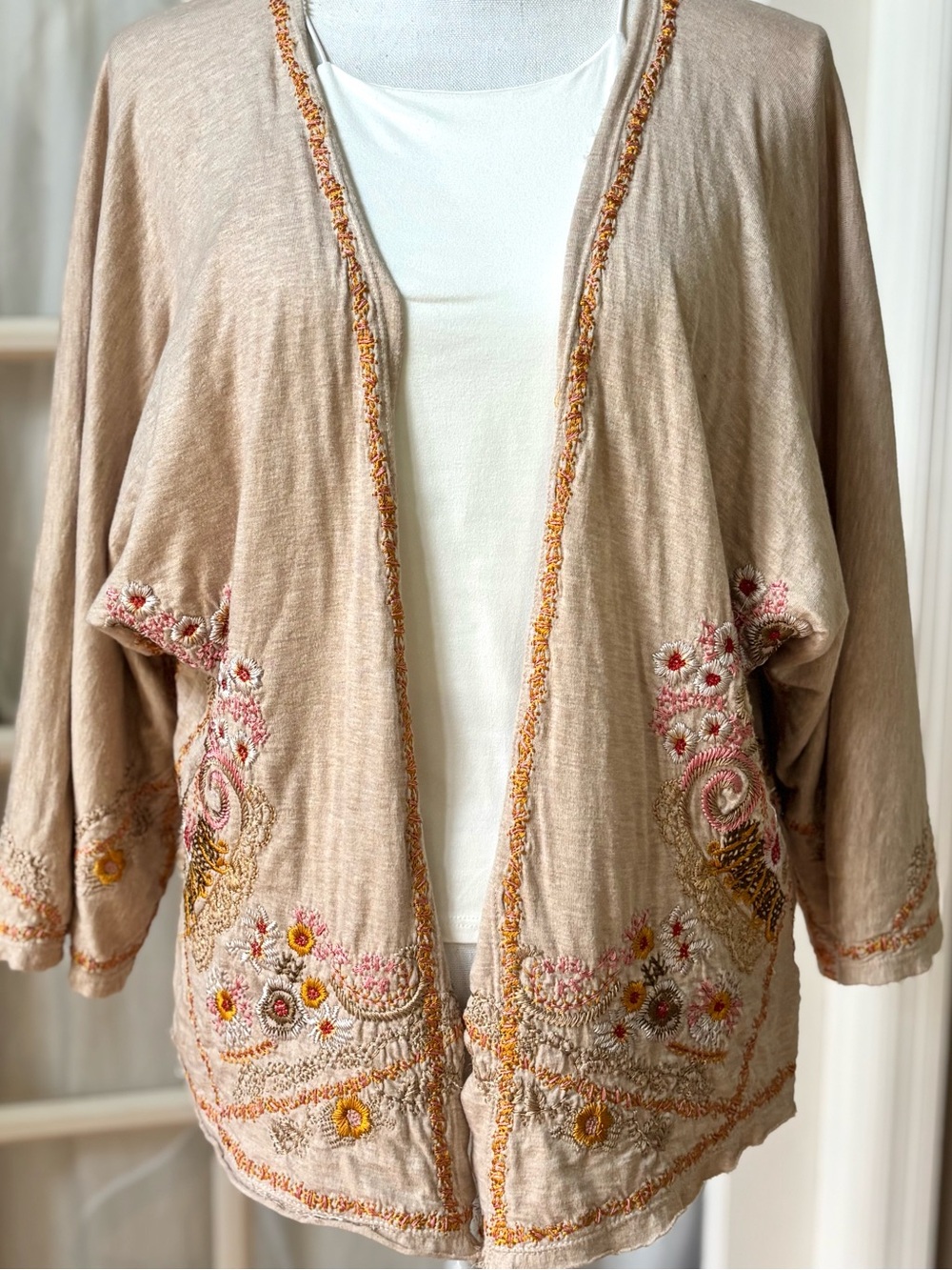 Biya Johnny Was Embroidered Linen Boho Jacket Floral Open XS - Picture 3 of 10
